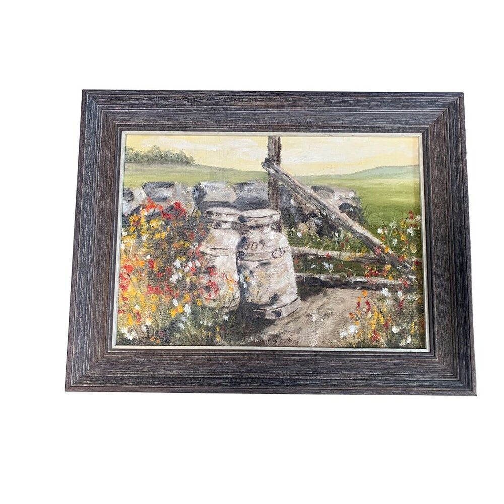 Vintage Oil Painting with Rustic Milk Cans & Colorful Flowers in Wooden Frame Si